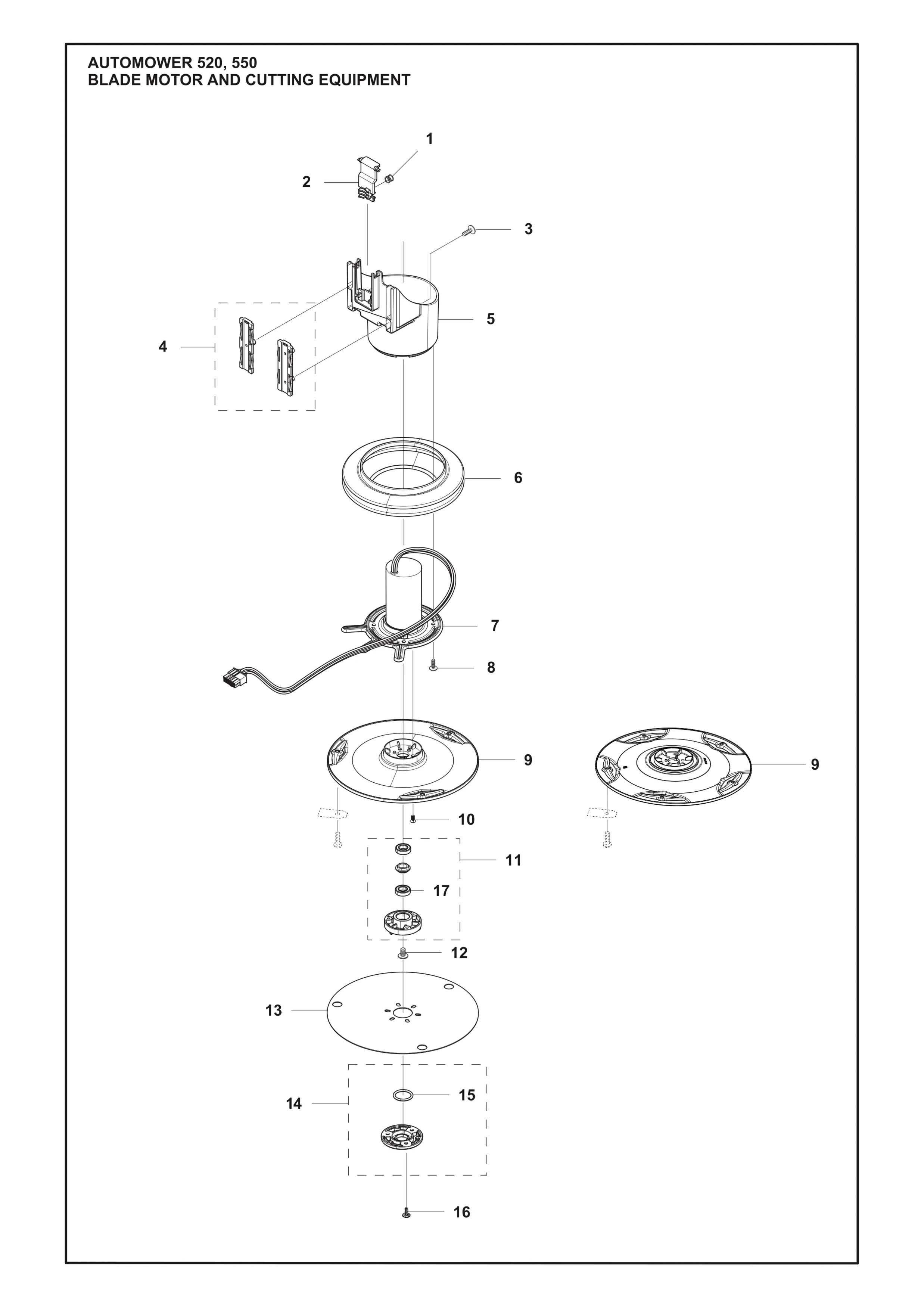 Despiece de MOTOR DE CUCHILLA Y EQUENTO DE CORTE — Robot cortacésped AM 550