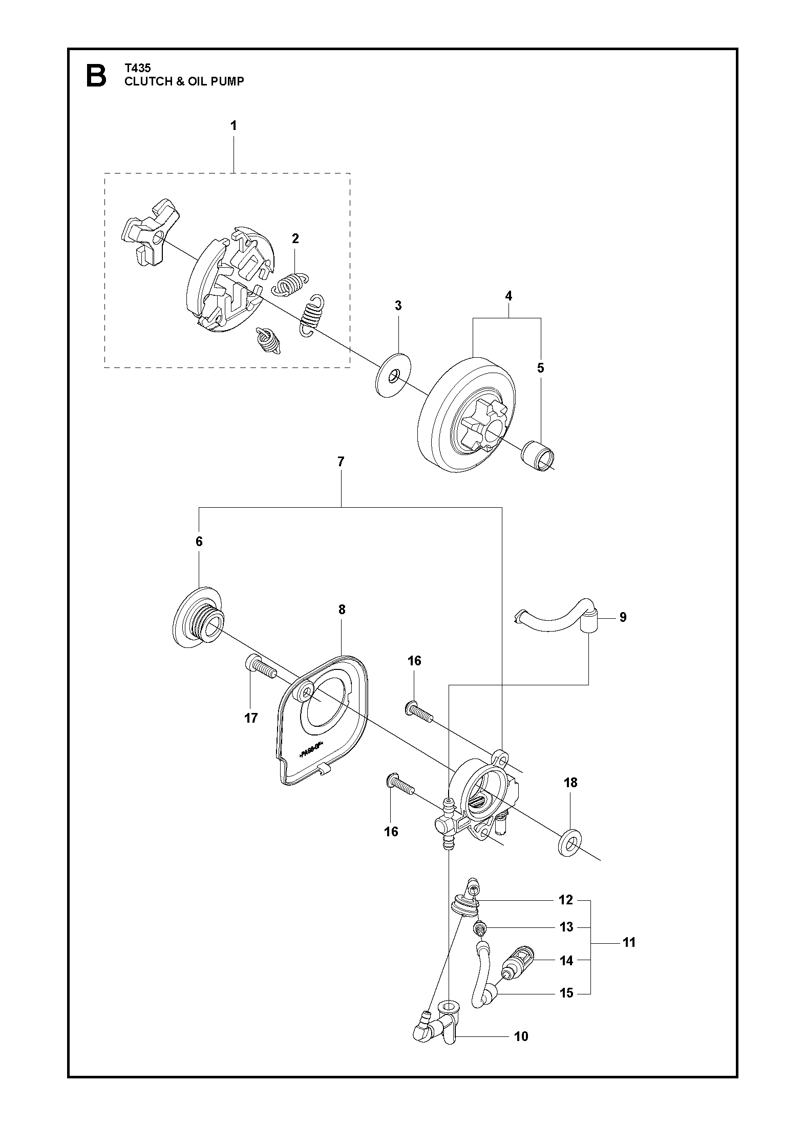 Despiece de EMBRAGUE Y BOMBA DE ACEITE — Motosierra T435